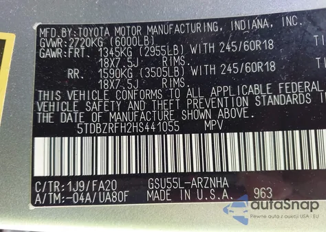 2017 Toyota Highlander Le Plus from USA, damaged, VIN 5TDBZRFH2HS441055